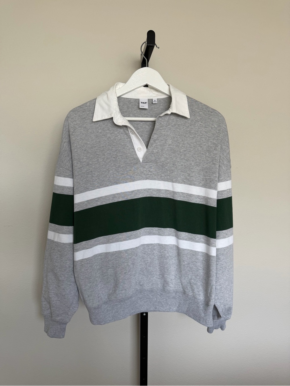 Aritzia TNA Collared Grey and Green Stripe Rugby Sweater